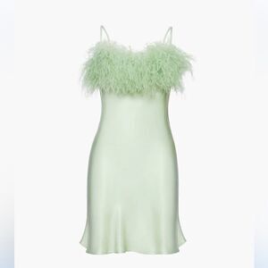 NWT Sleeper Boheme Mini Slip Dress Feathers Mint green silk maribou trim party